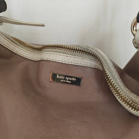 Kate Spade New York Taupe Leather Hobo Shoulder Bag Polka Dot Lining